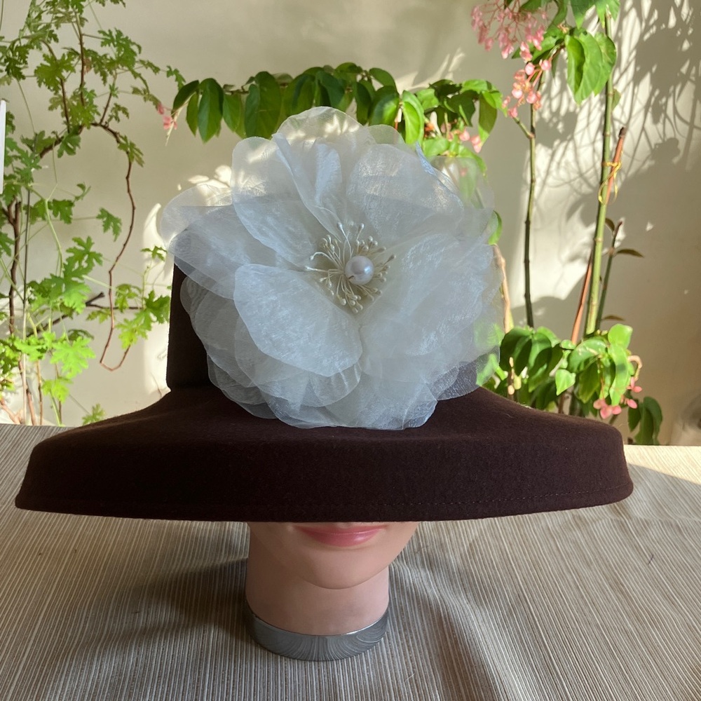 Chic Brown Wool Hat with Off White Pearl Floral Accent
